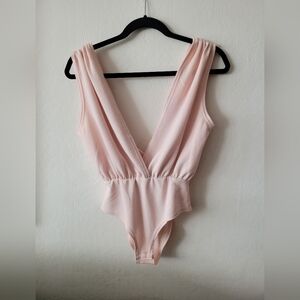 Boohoo Light Pink Deep Double V Bodysuit Glam Y2k Club Sexy Festival Size 4